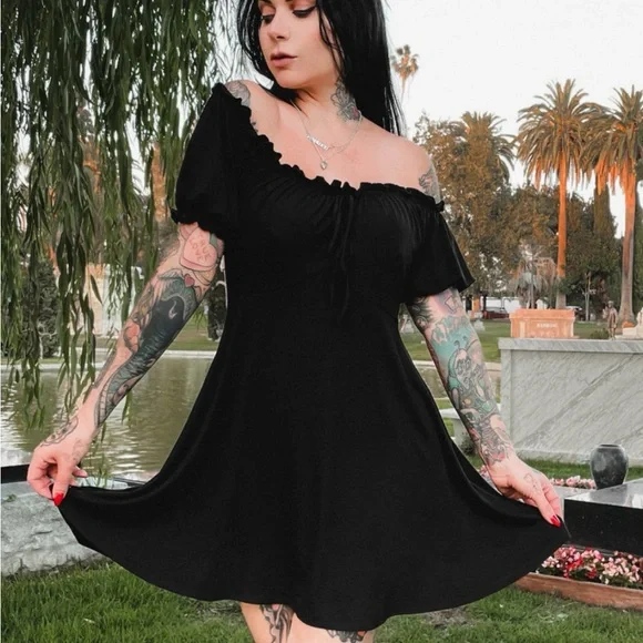 Foxblood Black Gretel Dress Off The Shoulder with Puff Sleeves size XL - Picture 3 of 5